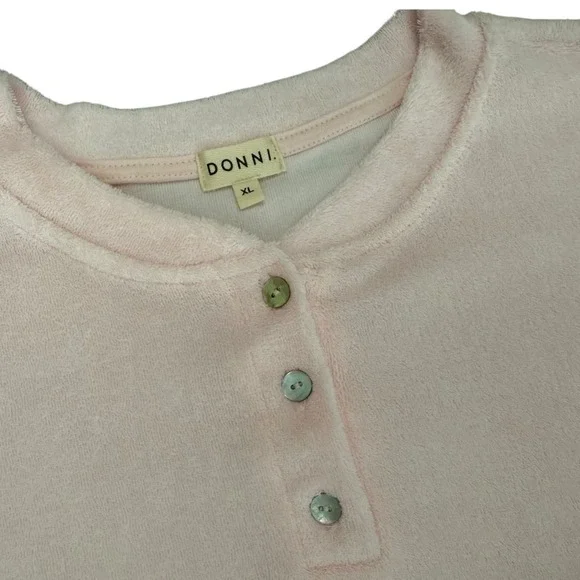 DONNI. Womens Terry Henley Pullover Sweatshirt Top Size XL Pink 3 Button Cropped - Picture 3 of 11